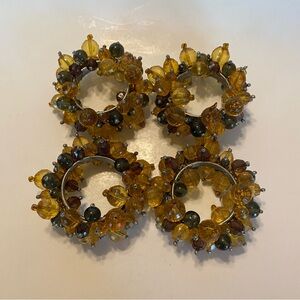 Pottery Barn Beaded Napkin Rings Amber Smoky Grey Colored Set of Four